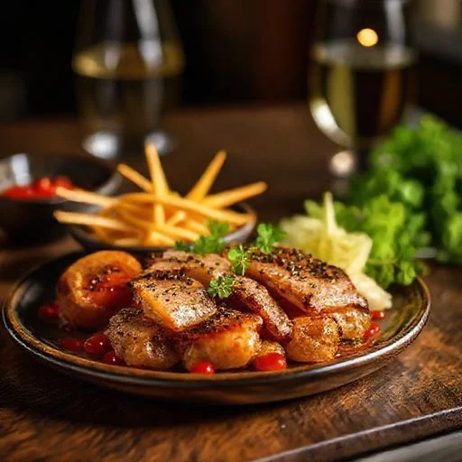 Stylized pop-art fish and chips glowing with electric cyan