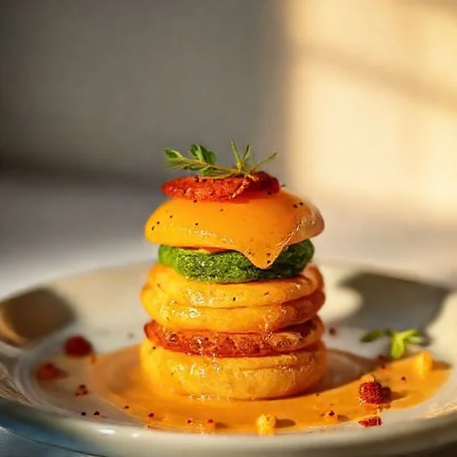 Highly stylized wide shot inside a pristine, retro-futuristic kitchen, chef's hands meticulously garnishing